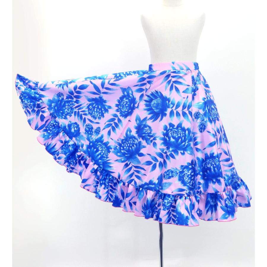 フラダンス用ネイビーとピンクのスカート丈78 フラダンス ケイキ フリル ロングサーキュラースカート シャンタン