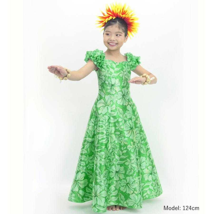フラドレス ケイキ [120・140] ギャザーフリル パフスリーブ ロング丈 ハワイアンフラワー グリーン Jp153gr |  | 01