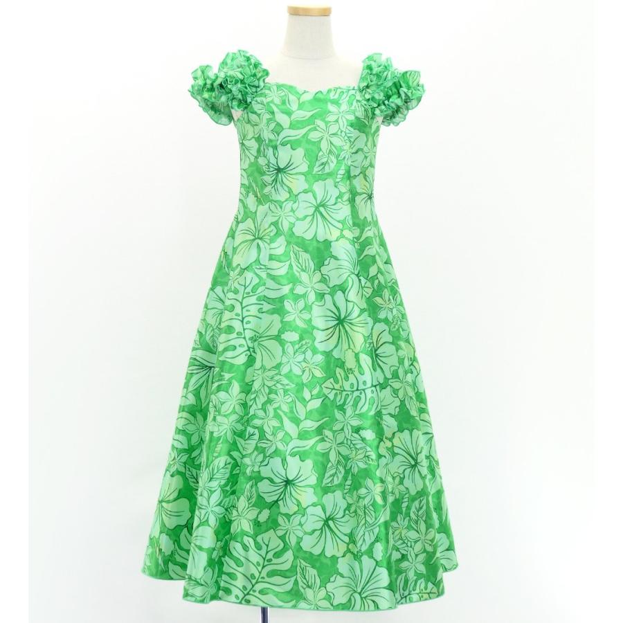 フラドレス ケイキ [120・140] ギャザーフリル パフスリーブ ロング丈 ハワイアンフラワー グリーン Jp153gr |  | 03