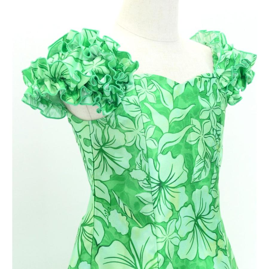 フラドレス ケイキ [120・140] ギャザーフリル パフスリーブ ロング丈 ハワイアンフラワー グリーン Jp153gr |  | 05