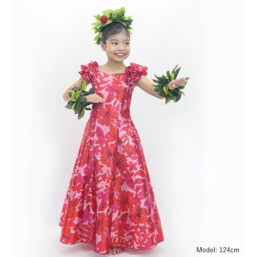 フラダンス用赤い花柄ツーピース Lei flower 赤 フラドレス ハワイアンファブリック 赤 プルメリア柄