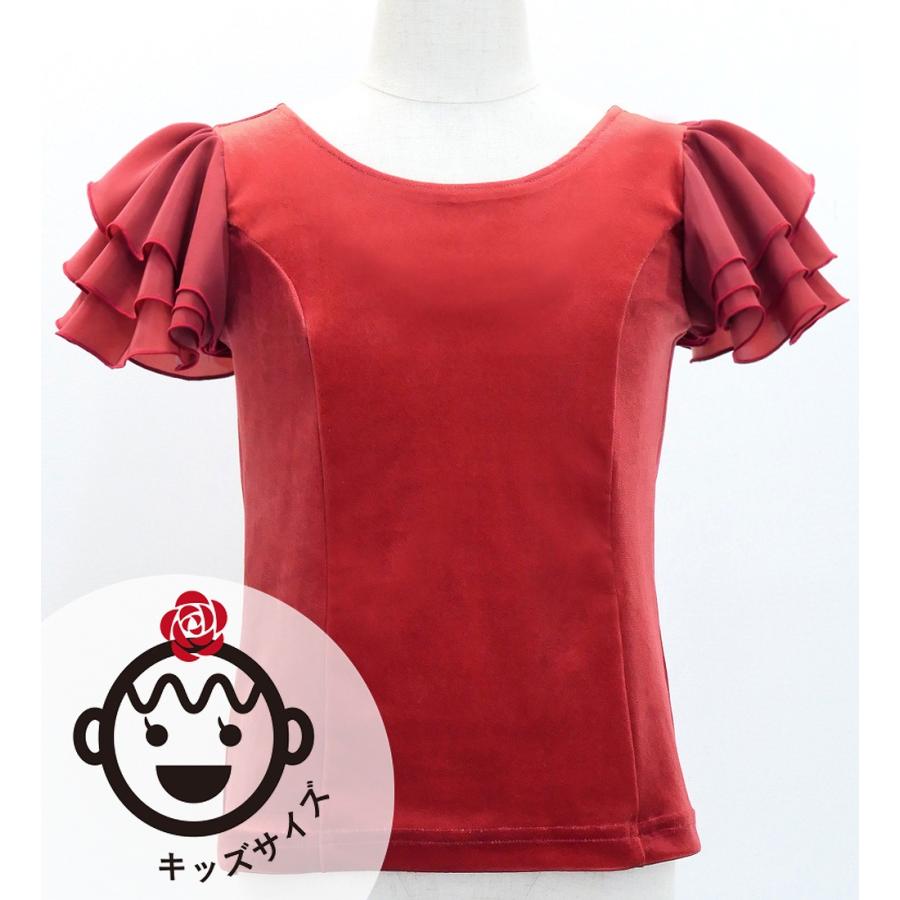 キッズ フラメンコ 選べる襟ぐり 3段フリルスリーブ ブラウス ダークレッド2 120・140サイズ Jp181drd2 | 
