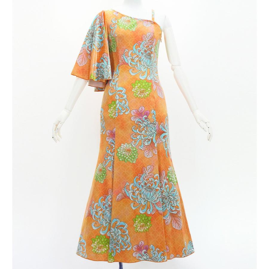 和柄ドレス ロング丈 ワンショルダー フリルスリーブ マーメイド 菊 オレンジ（橙） S-Lサイズ JW005or | 