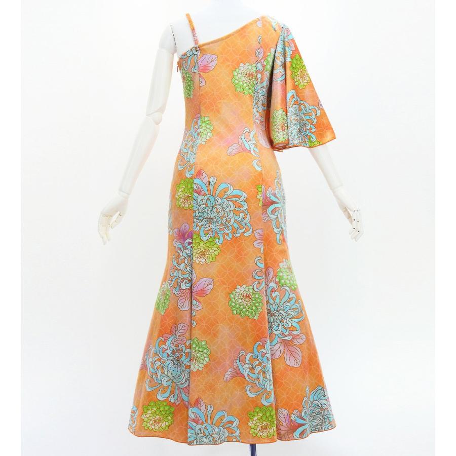 和柄ドレス ロング丈 ワンショルダー フリルスリーブ マーメイド 菊 オレンジ（橙） S-Lサイズ JW005or |  | 01