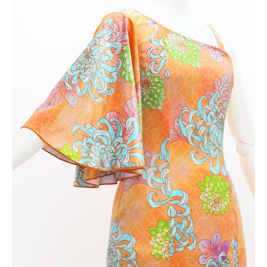 和柄ドレス ロング丈 ワンショルダー フリルスリーブ マーメイド 菊 オレンジ（橙） S-Lサイズ JW005or |  | 02