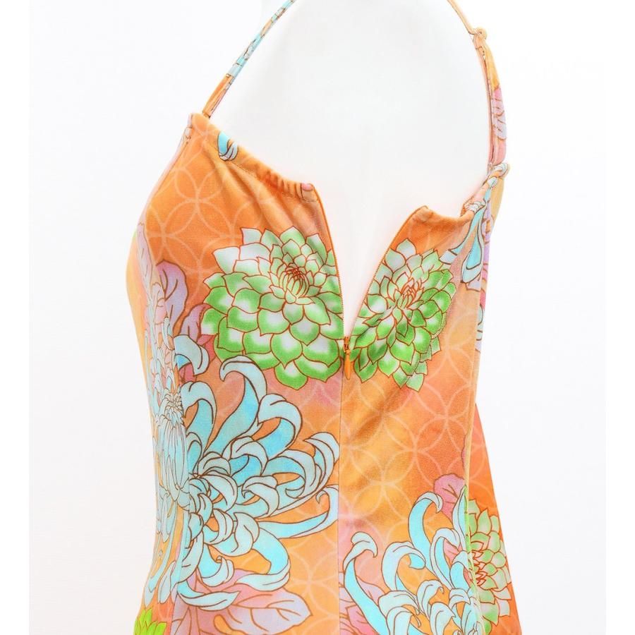 和柄ドレス ロング丈 ワンショルダー フリルスリーブ マーメイド 菊 オレンジ（橙） S-Lサイズ JW005or |  | 03