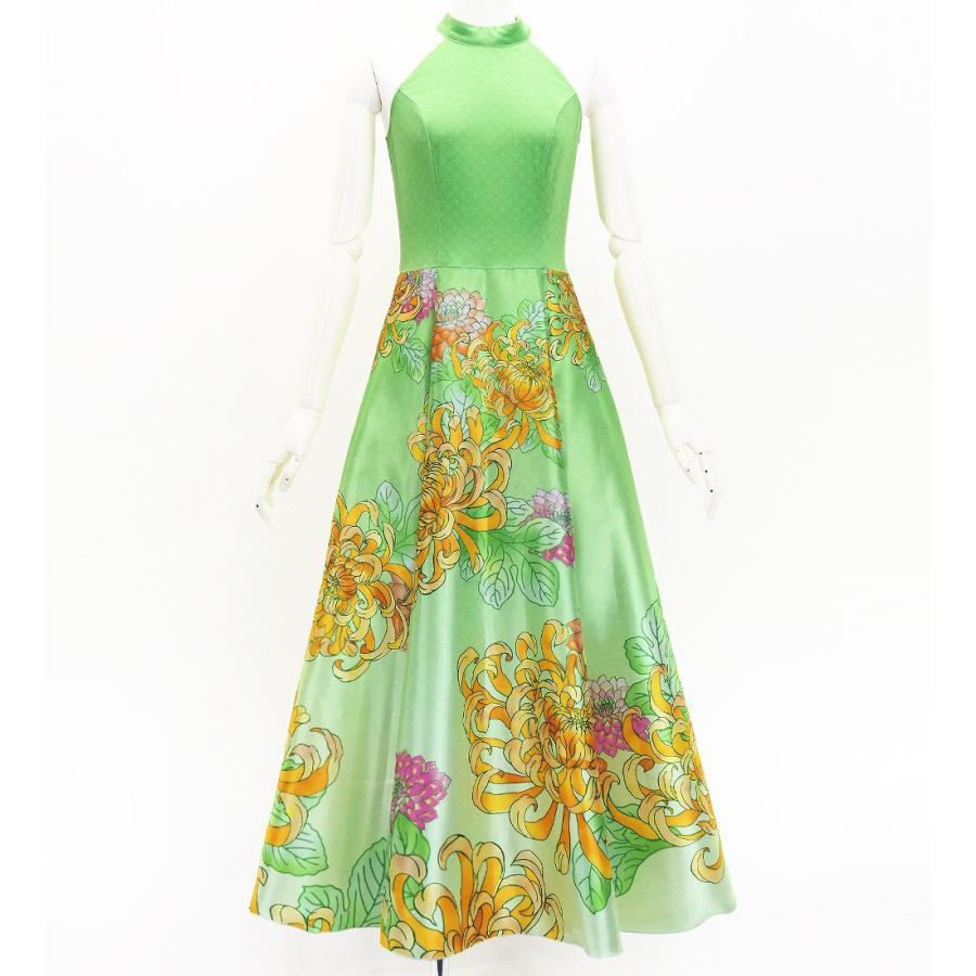 和柄ドレス ロング丈 アメリカンスリーブ 菊 ライトグリーン（薄緑） S-Lサイズ JW006lgr | 