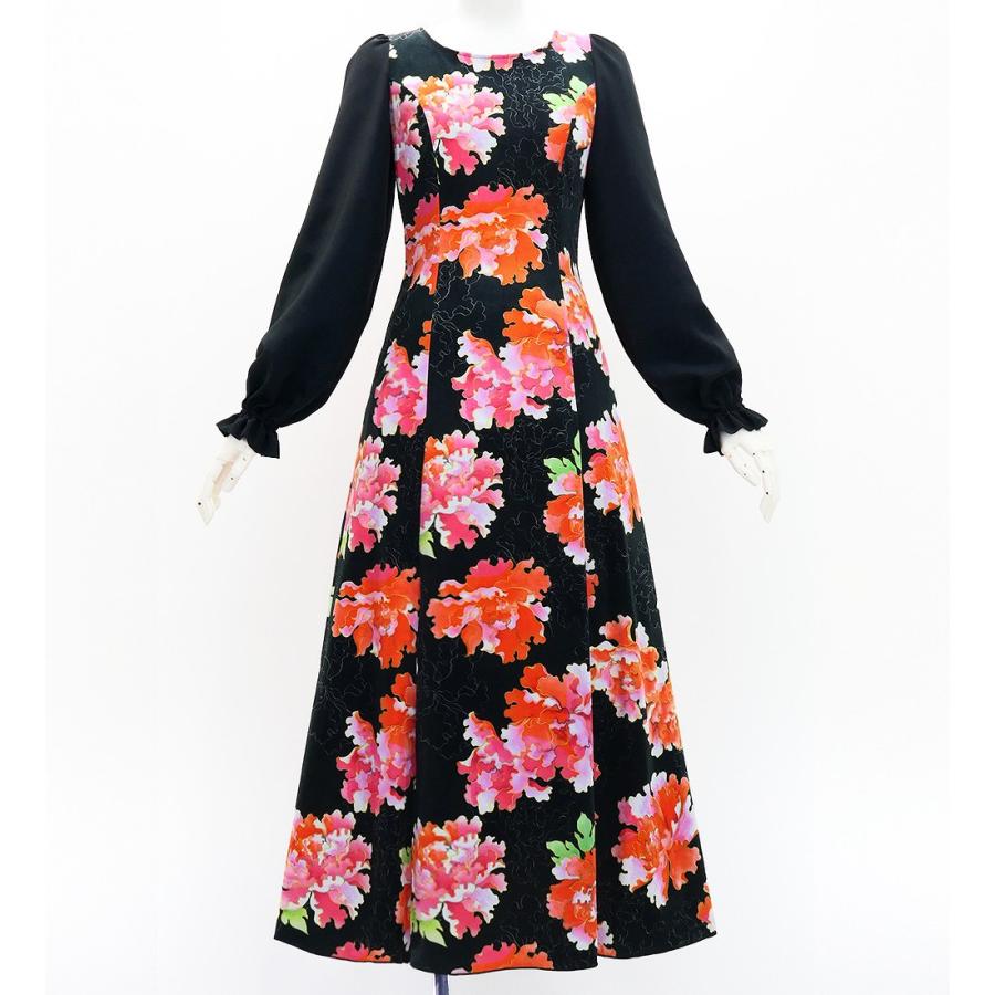 和柄ドレス ロング丈 ロングスリーブ 牡丹 ブラック（黒） S-Lサイズ JW007bk | 