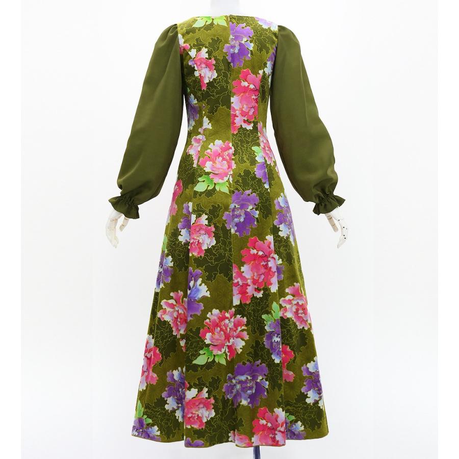 和柄ドレス ロング丈 ロングスリーブ 牡丹 カーキ S-Lサイズ JW007ka |  | 01