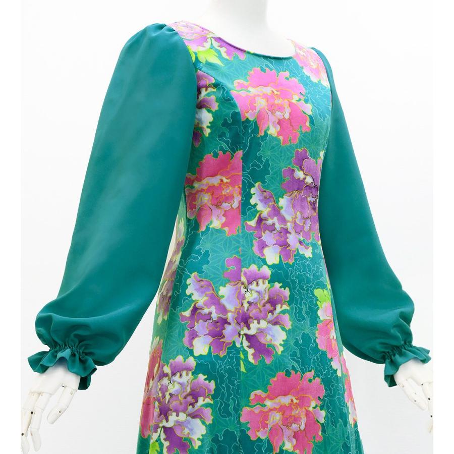 和柄ドレス ロング丈 ロングスリーブ 牡丹 ターコイズブルー S-Lサイズ JW007tbl |  | 02