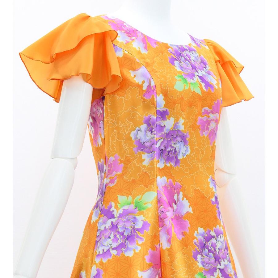 和柄ドレス ロング丈 重ねフリル袖 ドレス 牡丹 オレンジ（橙） S-Lサイズ JW008or |  | 02