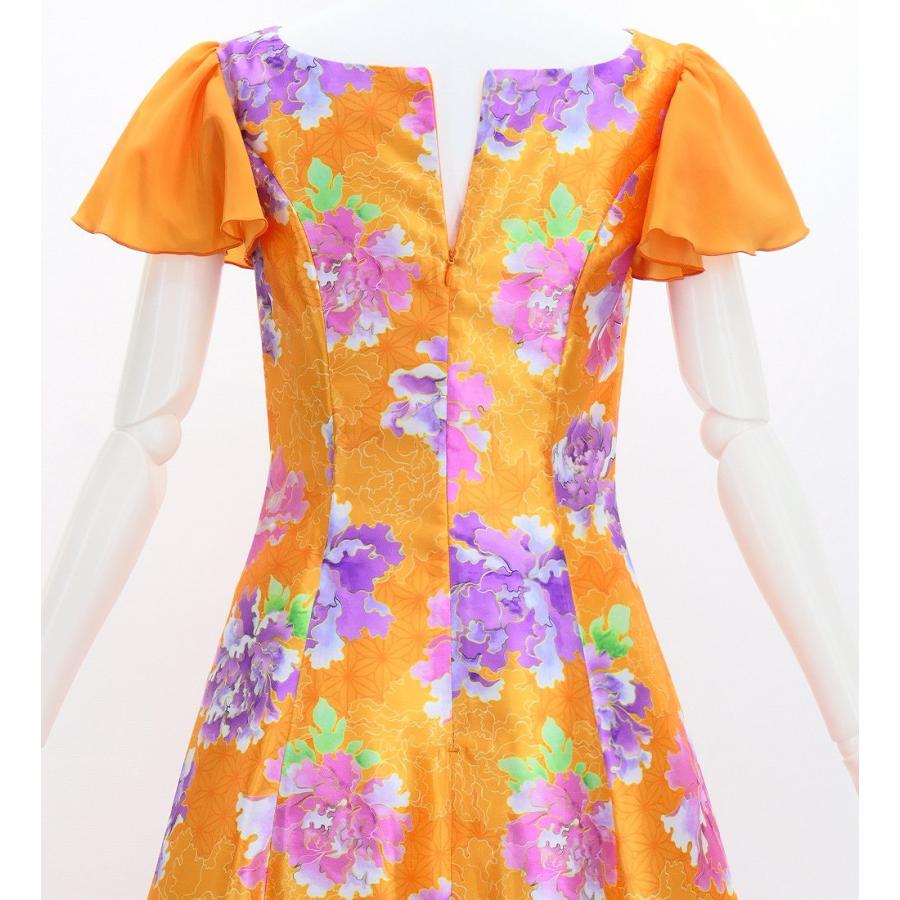 和柄ドレス ロング丈 重ねフリル袖 ドレス 牡丹 オレンジ（橙） S-Lサイズ JW008or |  | 03