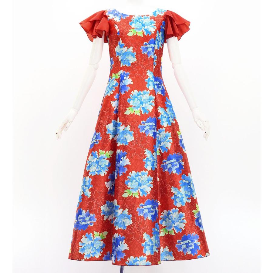 和柄ドレス ロング丈 重ねフリル袖 ドレス 牡丹 レッド（赤） S-Lサイズ JW008rd | 