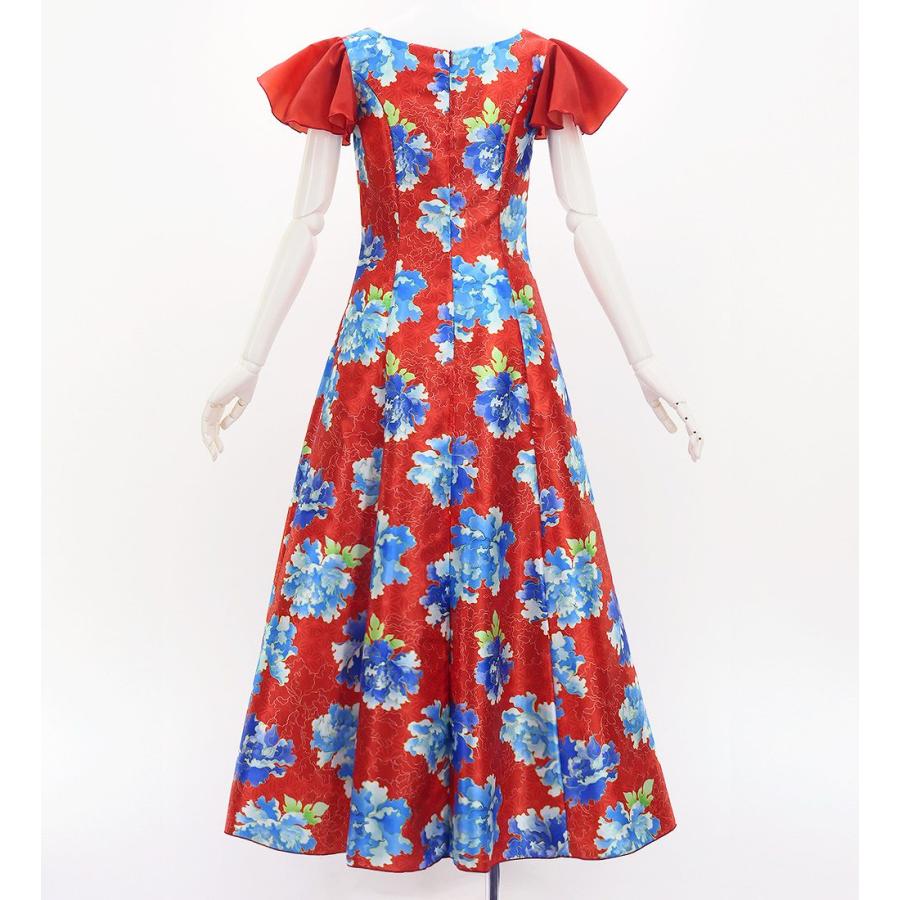 和柄ドレス ロング丈 重ねフリル袖 ドレス 牡丹 レッド（赤） S-Lサイズ JW008rd |  | 01