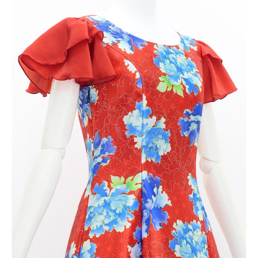 和柄ドレス ロング丈 重ねフリル袖 ドレス 牡丹 レッド（赤） S-Lサイズ JW008rd |  | 02