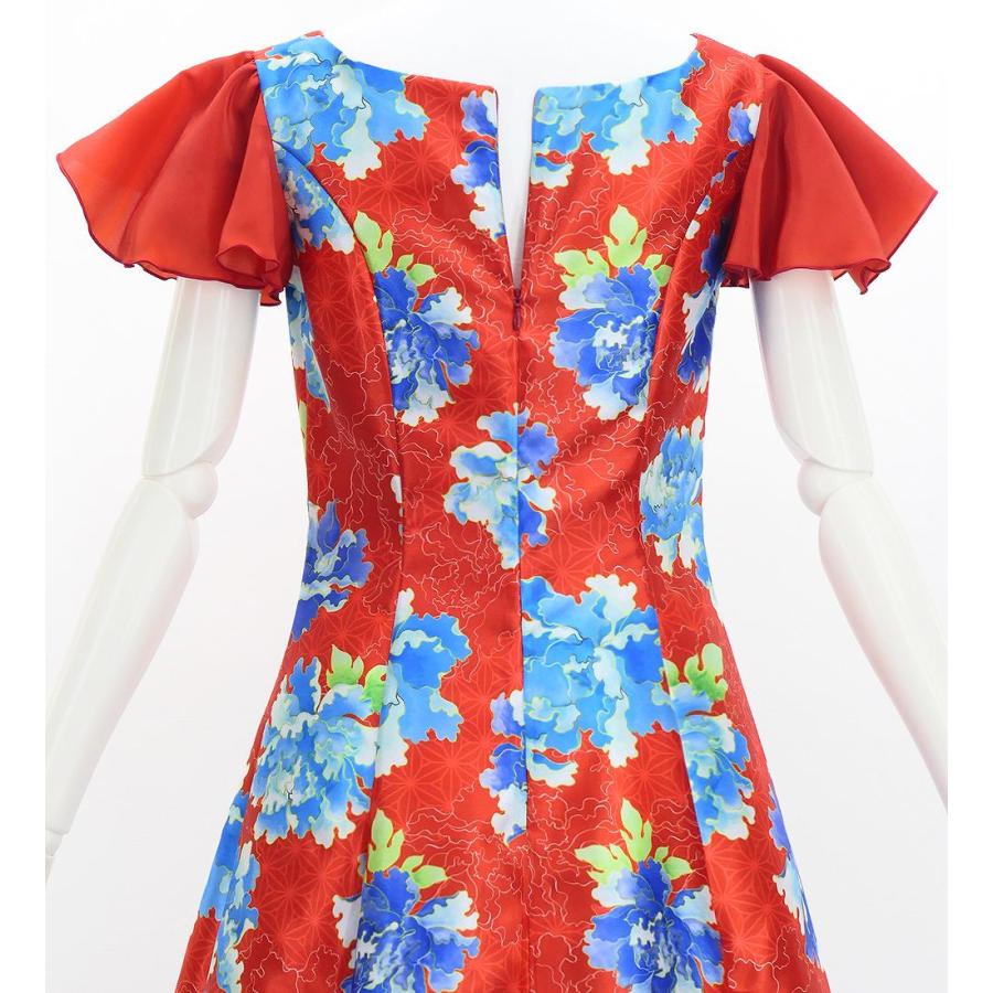 和柄ドレス ロング丈 重ねフリル袖 ドレス 牡丹 レッド（赤） S-Lサイズ JW008rd |  | 03