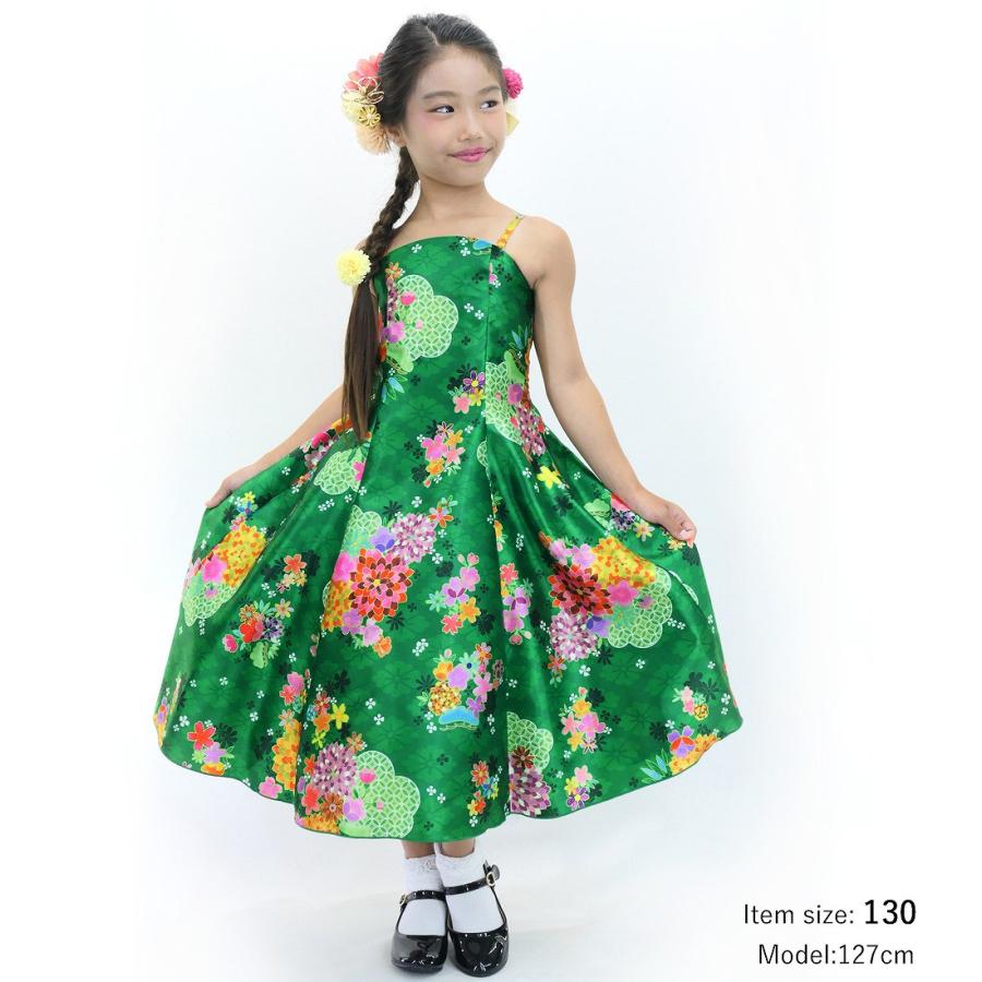 和柄ドレス キッズ ミディ丈 菊＆梅＆桜柄 グリーン（緑） 120・140サイズ JWp003gr |  | 01