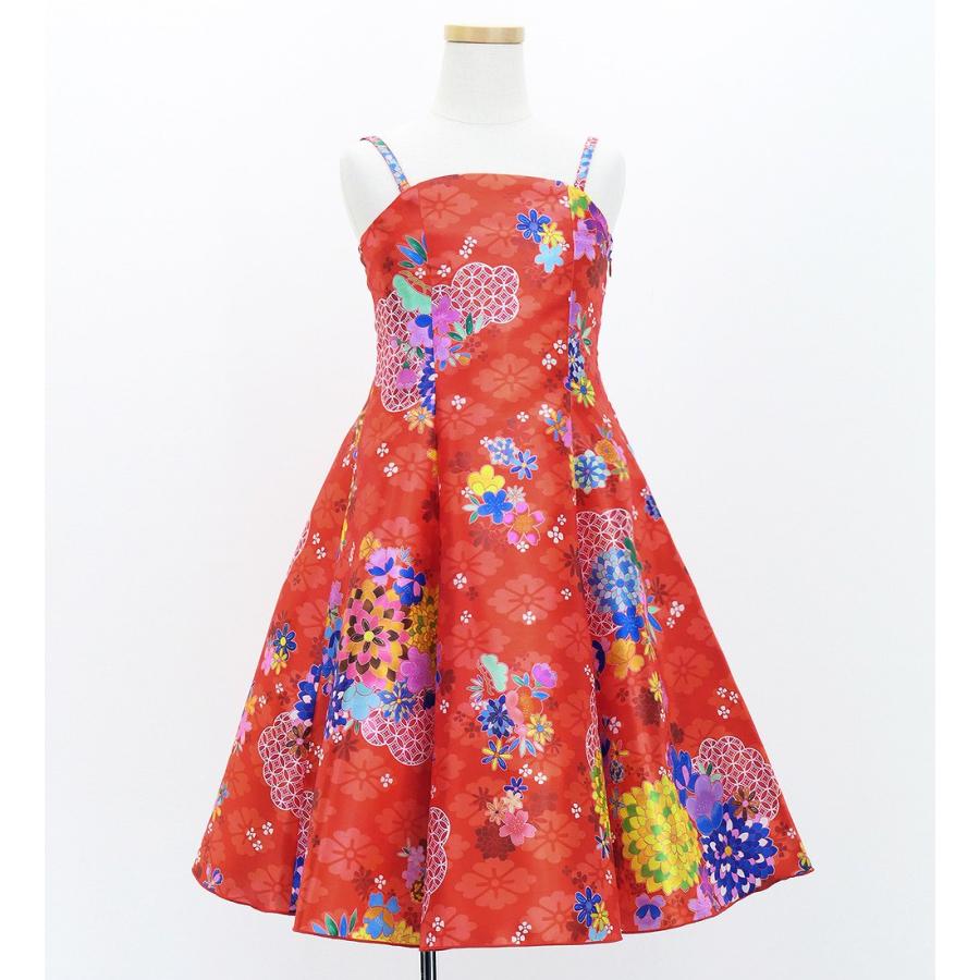 和柄ドレス キッズ ミディ丈 菊＆梅＆桜柄 レッド（赤） 120・140サイズ JWp003rd |  | 02