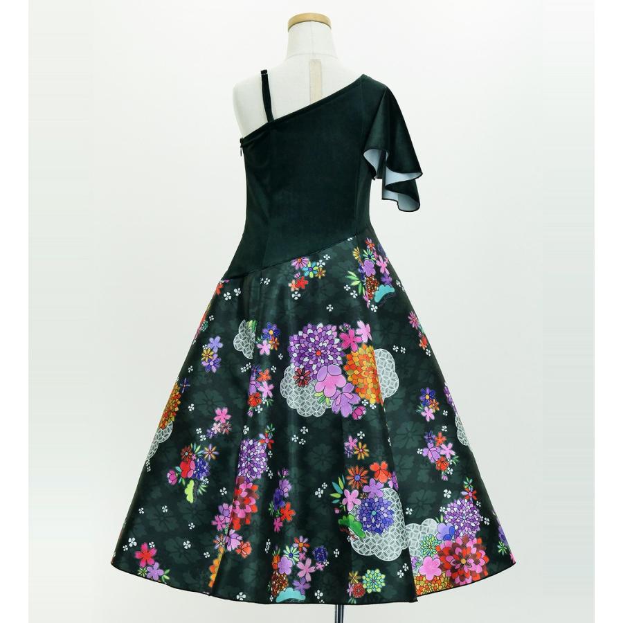 和柄ドレス キッズ ロング丈 ワンショルダー フリルスリーブ ブラック（黒） 120・140サイズ JWp004bk |  | 03