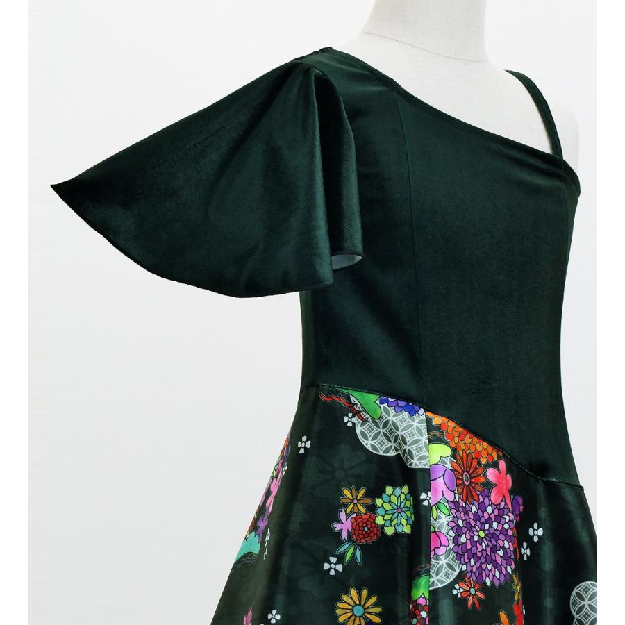 和柄ドレス キッズ ロング丈 ワンショルダー フリルスリーブ ブラック（黒） 120・140サイズ JWp004bk |  | 04