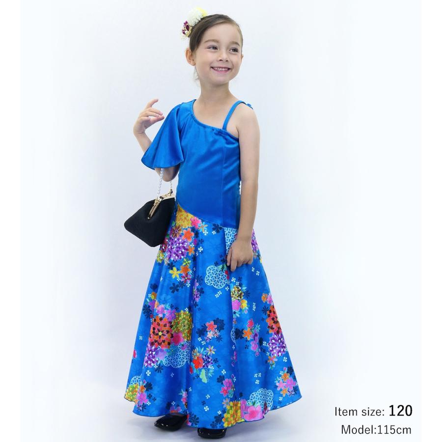 和柄ドレス キッズ ロング丈 ワンショルダー フリルスリーブ ブルー（青） 120・140サイズ JWp004bl |  | 01