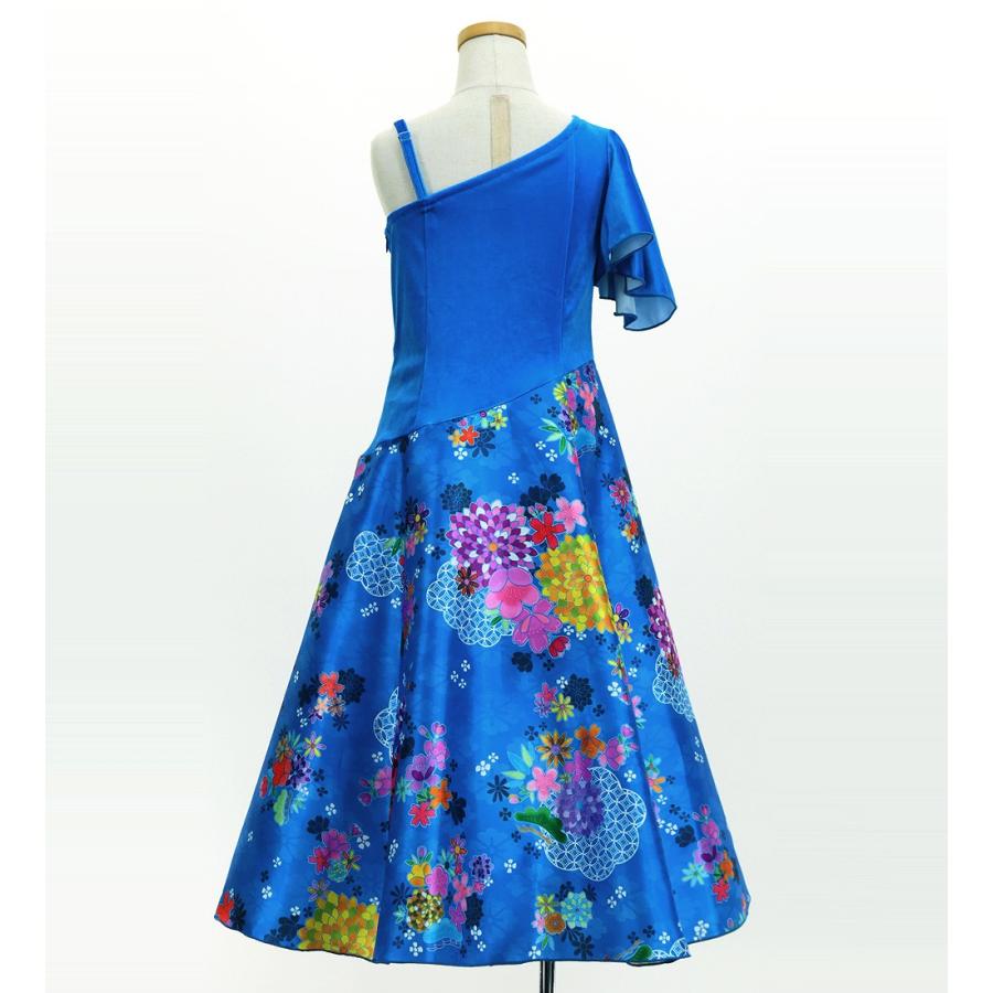 和柄ドレス キッズ ロング丈 ワンショルダー フリルスリーブ ブルー（青） 120・140サイズ JWp004bl |  | 03