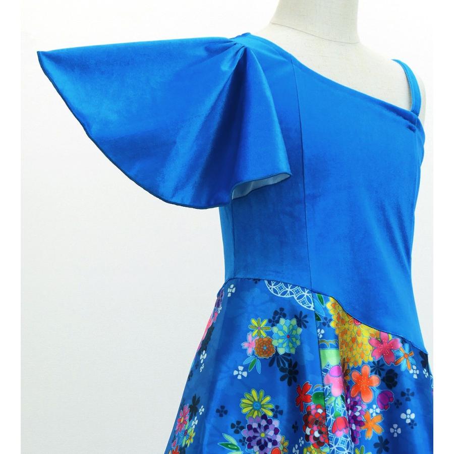 和柄ドレス キッズ ロング丈 ワンショルダー フリルスリーブ ブルー（青） 120・140サイズ JWp004bl |  | 04