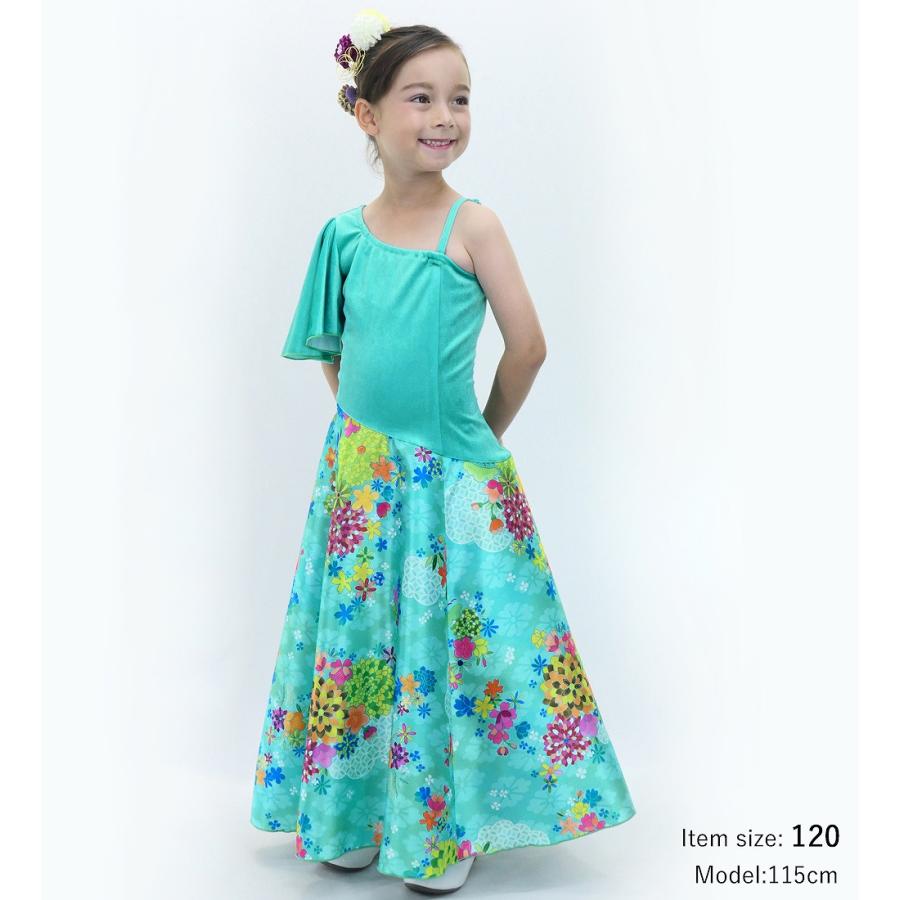 和柄ドレス キッズ ロング丈 ワンショルダー フリルスリーブ ライトブルー（水色） 120・140サイズ JWp004lbl |  | 01