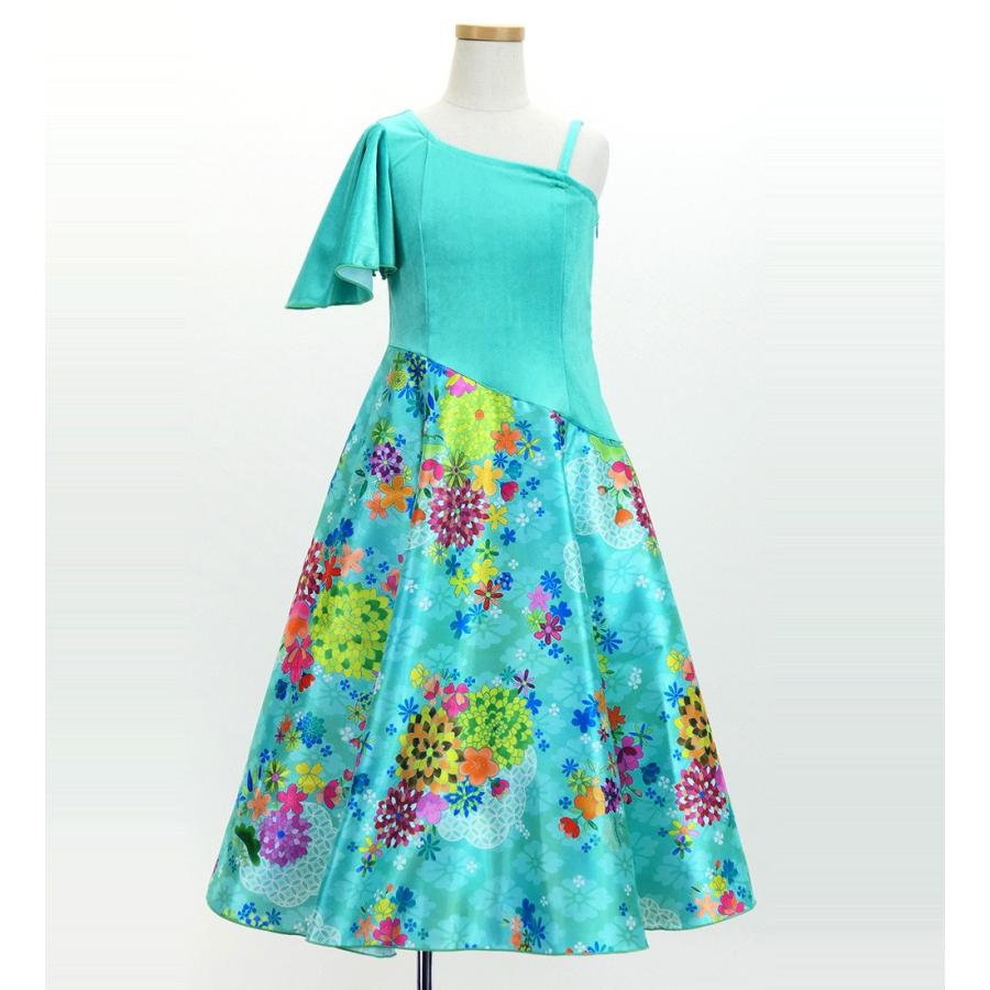 和柄ドレス キッズ ロング丈 ワンショルダー フリルスリーブ ライトブルー（水色） 120・140サイズ JWp004lbl |  | 02