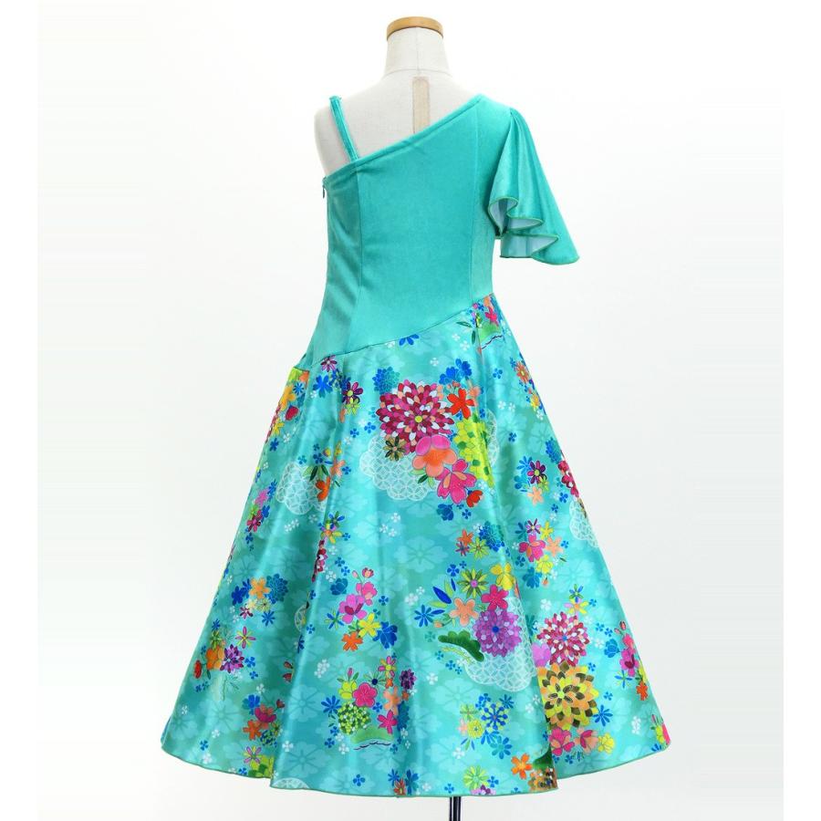 和柄ドレス キッズ ロング丈 ワンショルダー フリルスリーブ ライトブルー（水色） 120・140サイズ JWp004lbl |  | 03