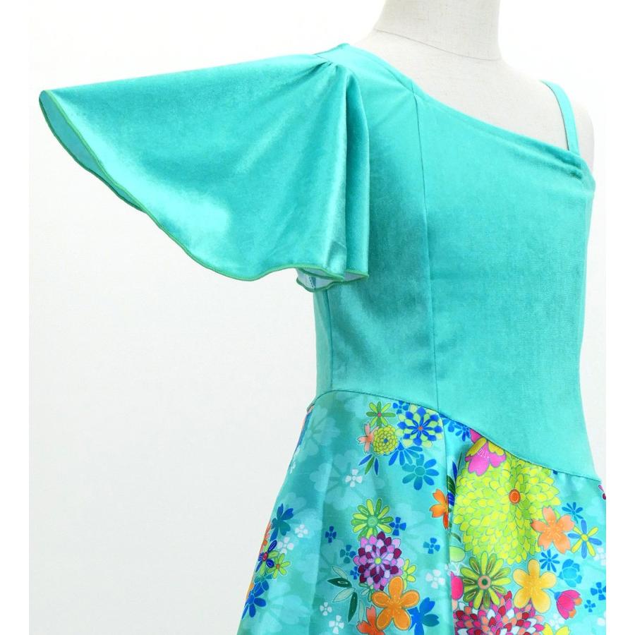 和柄ドレス キッズ ロング丈 ワンショルダー フリルスリーブ ライトブルー（水色） 120・140サイズ JWp004lbl |  | 04