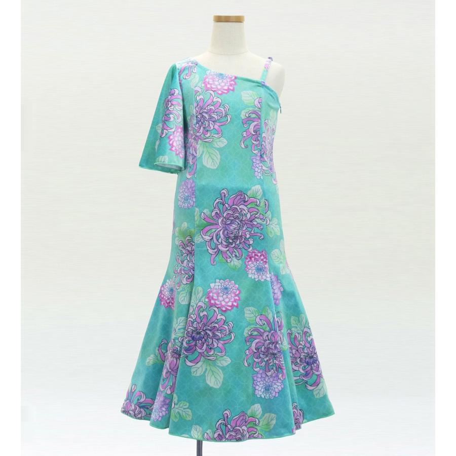 和柄ドレス キッズ ロング丈 ワンショルダー フリルスリーブ マーメイド 菊 ライトブルー（水色） 120・140サイズ JWp005lbl |  | 01