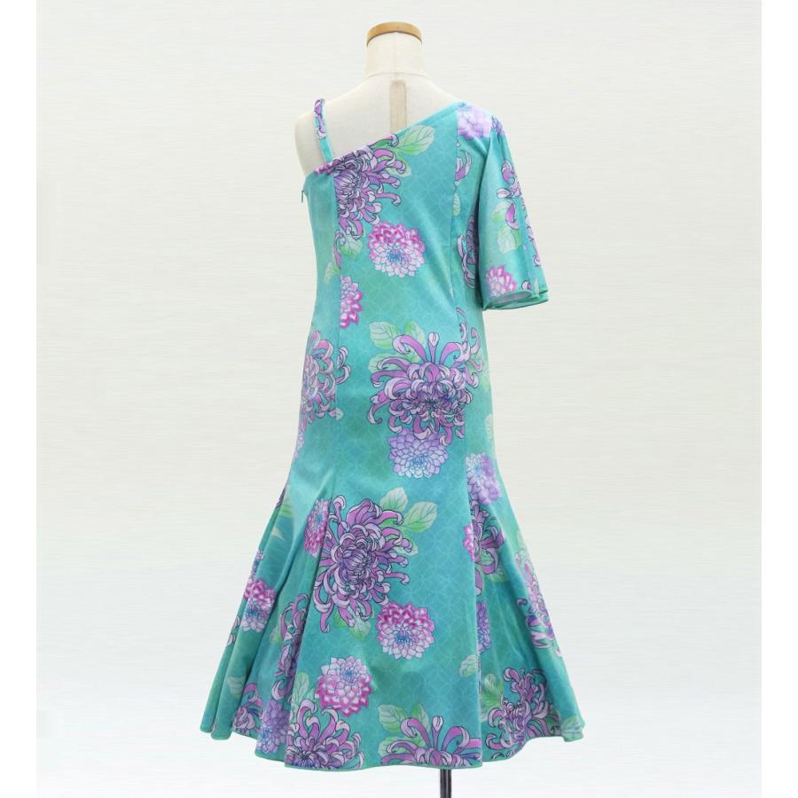 和柄ドレス キッズ ロング丈 ワンショルダー フリルスリーブ マーメイド 菊 ライトブルー（水色） 120・140サイズ JWp005lbl |  | 02