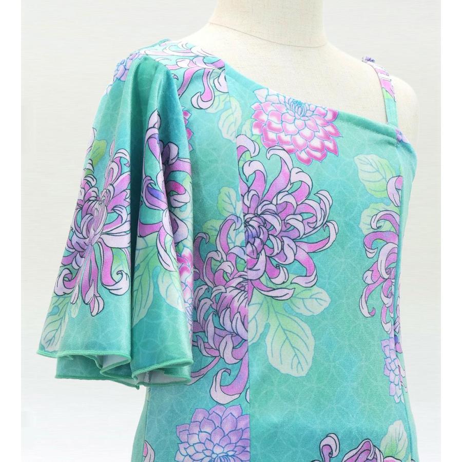 和柄ドレス キッズ ロング丈 ワンショルダー フリルスリーブ マーメイド 菊 ライトブルー（水色） 120・140サイズ JWp005lbl |  | 03