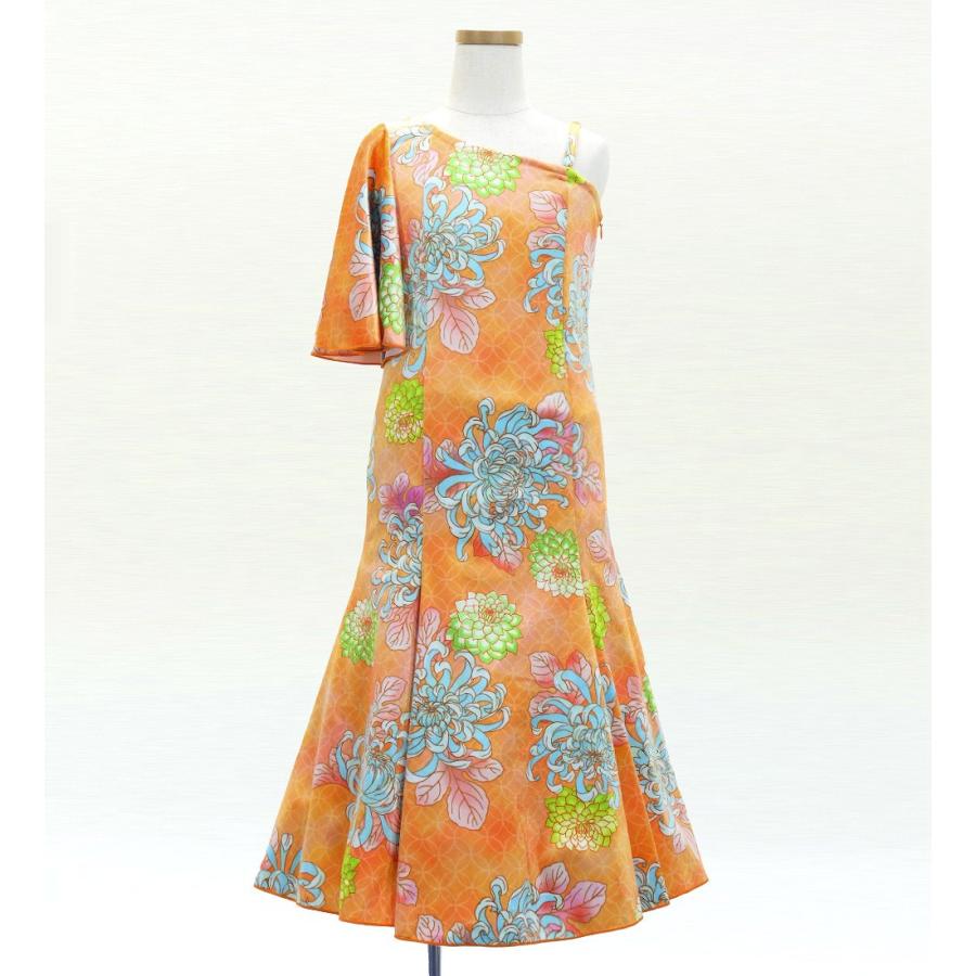和柄ドレス キッズ ロング丈 ワンショルダー フリルスリーブ マーメイド 菊 オレンジ（橙） 120・140サイズ JWp005or |  | 01