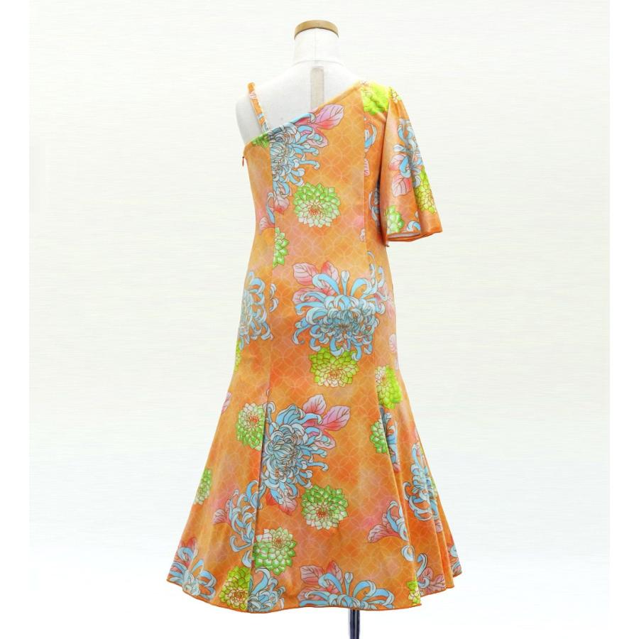 和柄ドレス キッズ ロング丈 ワンショルダー フリルスリーブ マーメイド 菊 オレンジ（橙） 120・140サイズ JWp005or |  | 02