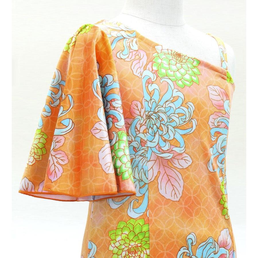 和柄ドレス キッズ ロング丈 ワンショルダー フリルスリーブ マーメイド 菊 オレンジ（橙） 120・140サイズ JWp005or |  | 03