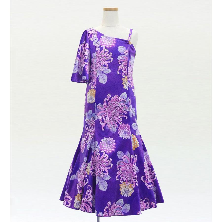 和柄ドレス キッズ ロング丈 ワンショルダー フリルスリーブ マーメイド 菊 パープル（紫） 120・140サイズ JWp005pu |  | 01
