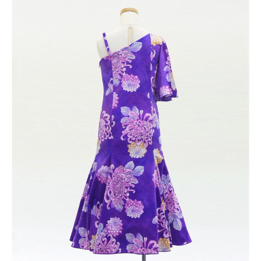 和柄ドレス キッズ ロング丈 ワンショルダー フリルスリーブ マーメイド 菊 パープル（紫） 120・140サイズ JWp005pu |  | 02