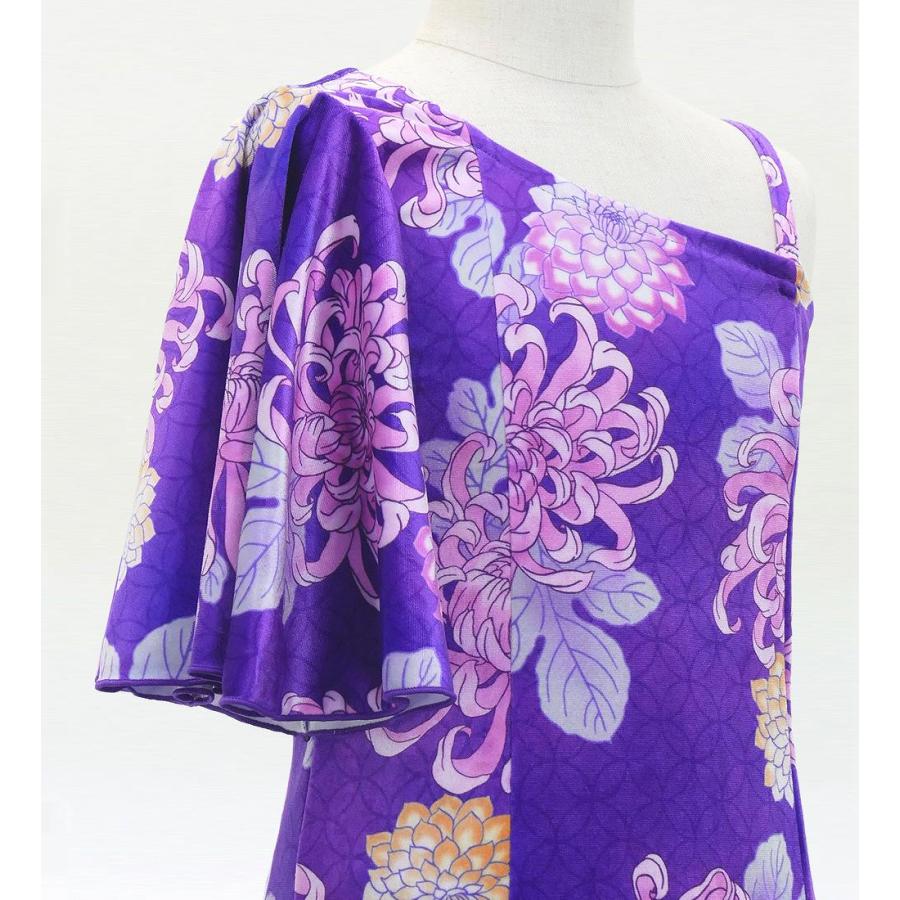 和柄ドレス キッズ ロング丈 ワンショルダー フリルスリーブ マーメイド 菊 パープル（紫） 120・140サイズ JWp005pu |  | 03
