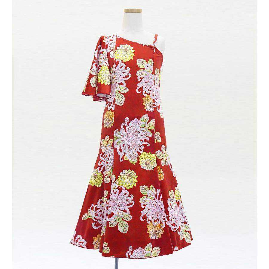 和柄ドレス キッズ ロング丈 ワンショルダー フリルスリーブ マーメイド 菊 レッド（赤） 120・140サイズ JWp005rd |  | 01