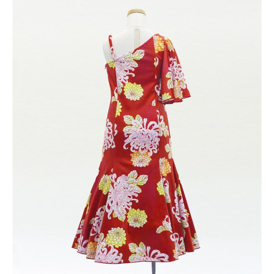 和柄ドレス キッズ ロング丈 ワンショルダー フリルスリーブ マーメイド 菊 レッド（赤） 120・140サイズ JWp005rd |  | 02