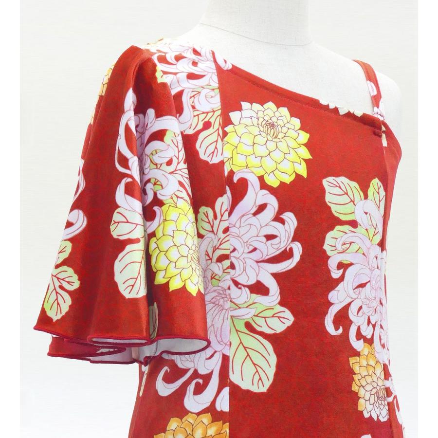 和柄ドレス キッズ ロング丈 ワンショルダー フリルスリーブ マーメイド 菊 レッド（赤） 120・140サイズ JWp005rd |  | 03