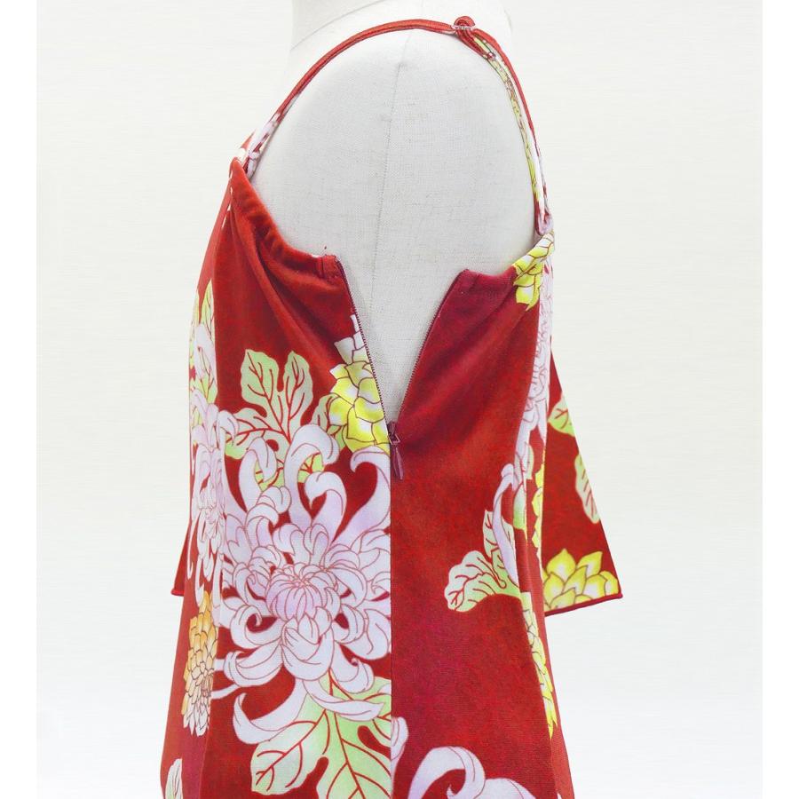 和柄ドレス キッズ ロング丈 ワンショルダー フリルスリーブ マーメイド 菊 レッド（赤） 120・140サイズ JWp005rd |  | 04