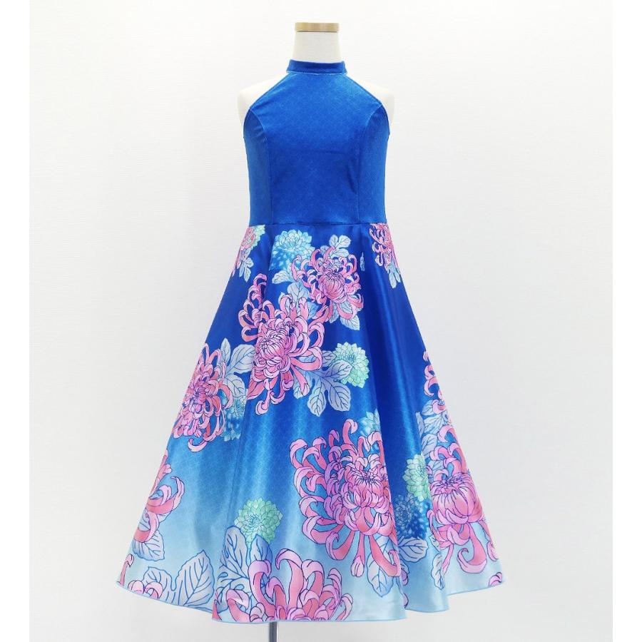 和柄ドレス キッズ ロング丈 アメリカンスリーブ 菊 ブルー（青） 120・140サイズ JWp006bl |  | 01