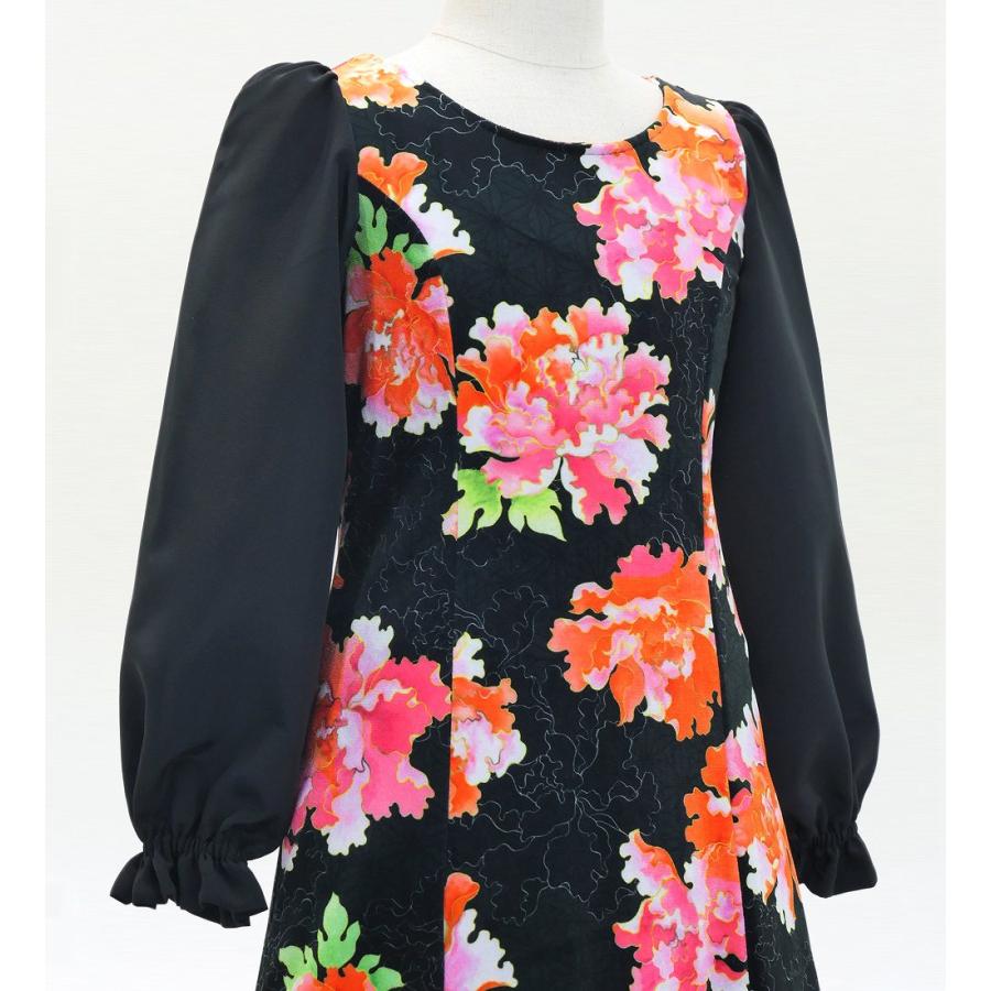 和柄ドレス キッズ ロング丈 ロングスリーブ 牡丹 ブラック（黒） 120・140サイズ JWp007bk |  | 03