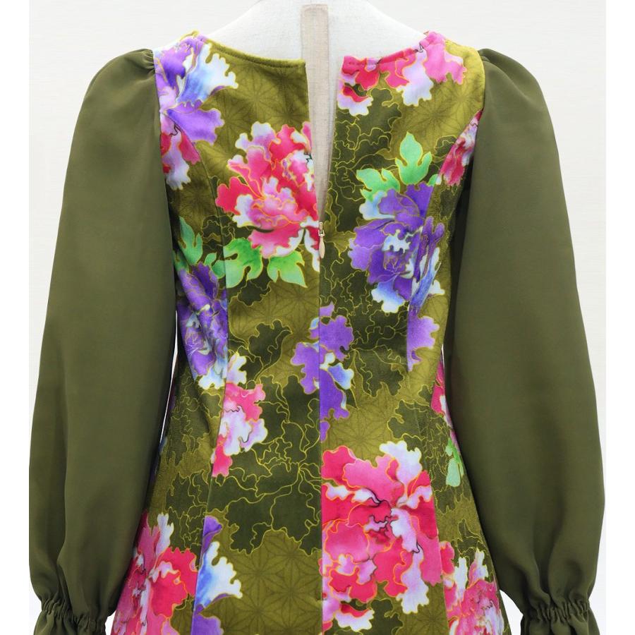 和柄ドレス キッズ ロング丈 ロングスリーブ 牡丹 カーキ 120・140サイズ JWp007ka |  | 04