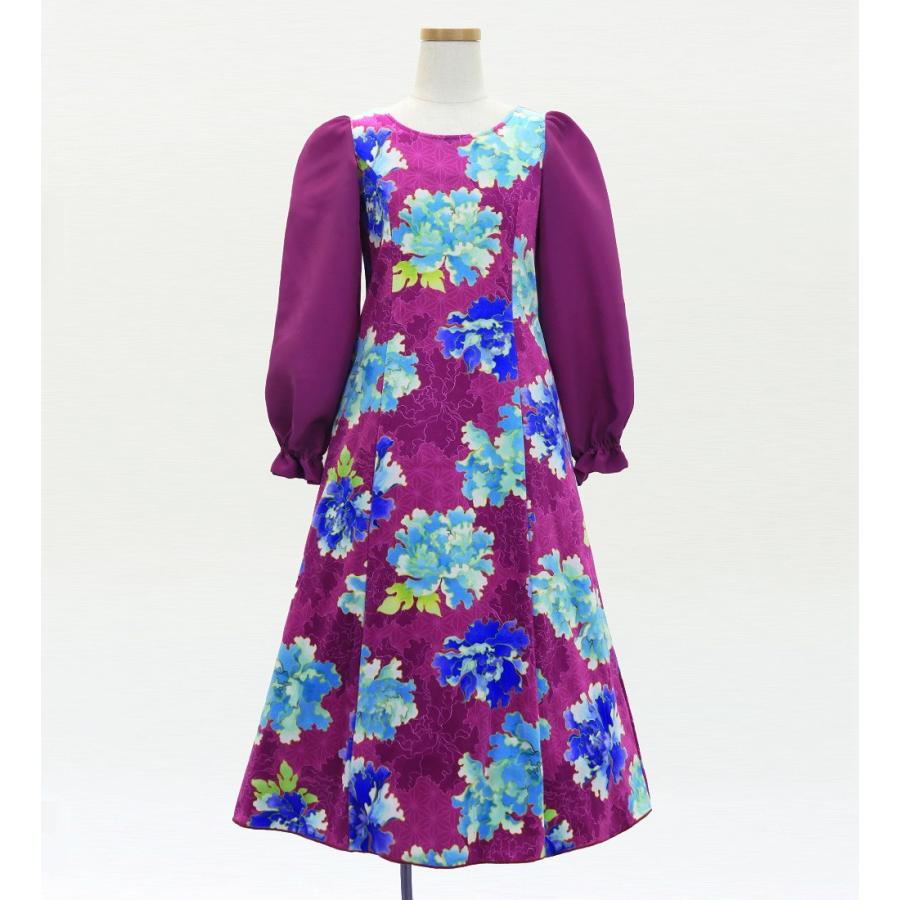 和柄ドレス キッズ ロング丈 ロングスリーブ 牡丹 パープル（紫） 120・140サイズ JWp007pu |  | 01