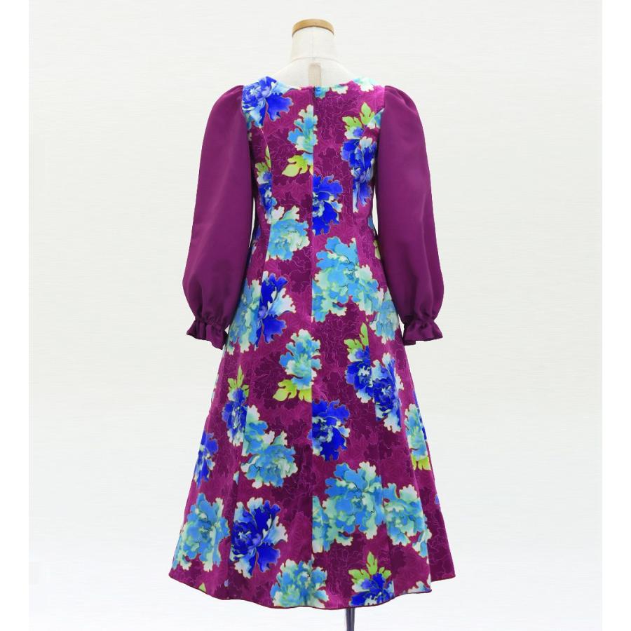和柄ドレス キッズ ロング丈 ロングスリーブ 牡丹 パープル（紫） 120・140サイズ JWp007pu |  | 02