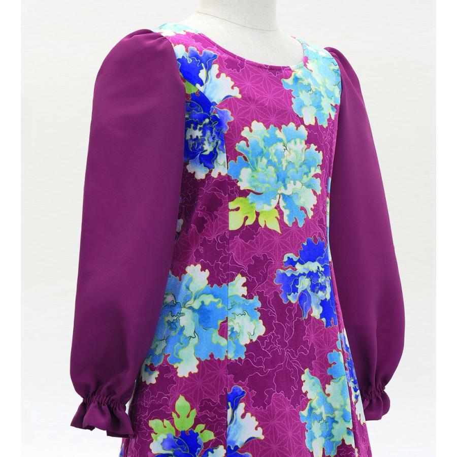 和柄ドレス キッズ ロング丈 ロングスリーブ 牡丹 パープル（紫） 120・140サイズ JWp007pu |  | 03